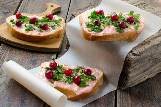 Bruschetta With Salmon Butter, Capelin Caviar, Cranberry And Her