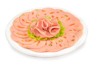 Spicy bologna in dish,white background