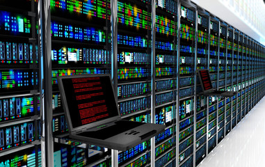 server room in datacenter, room equipped with data servers. LED lights flashing. 3D render