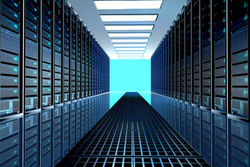 server room in datacenter, room equipped with data servers. LED lights flashing. 3D render - obrazy, fototapety, plakaty