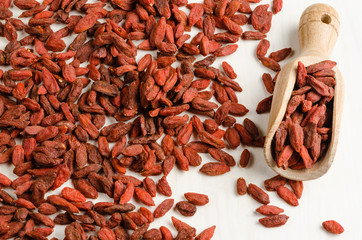 Goji berry dried in a dish, with spoon, closeup background
