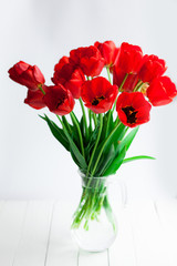Red tulips glass gar on wood table