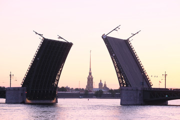 Fototapeta na wymiar Landscape with the image of open Palace bridge from the Neva river in St. Petersburg, Russia,