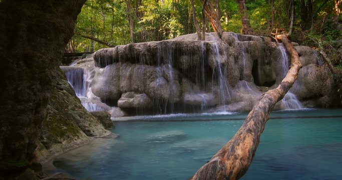 Kanchanaburi national park in Thailand. Tropical rain forest with waterfall