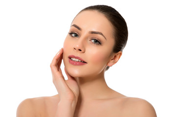 Naklejka premium Beautiful Young Woman with Clean Fresh Skin close up..