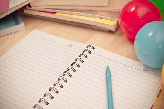 Back To School Background With Notebook And Colorful Ball, Vinta