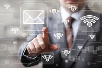 Social network Wifi businessman presses web button mail sign