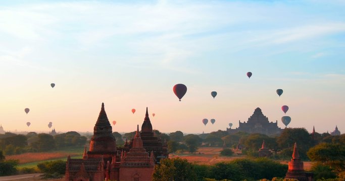 Ballons over Bagan, panorama of ancient site in Myanmar