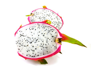 dragon fruit cut in half on white background
