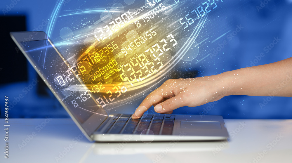 Poster Man typing on modern notebook with number technology data coming