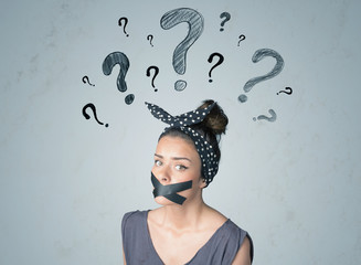 Young woman with glued mouth and question mark symbols