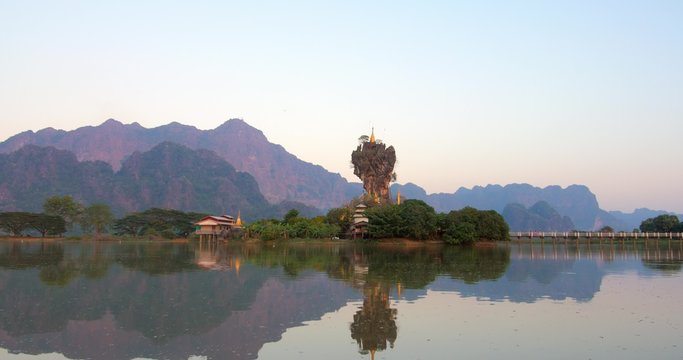 Kyauk Ka Lat Buddhist Pagoda near Hpa-an in Myanmar (Burma). Famous landmark