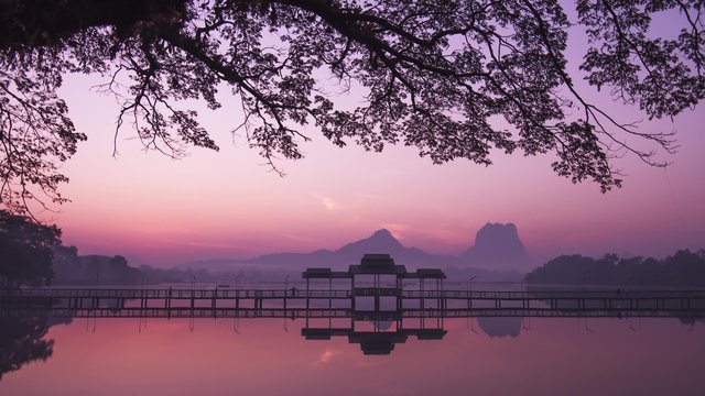 Beautiful sunrise on Kan Thar Yar lake in Hpa An Myanmar (Burma). Asia Landmark