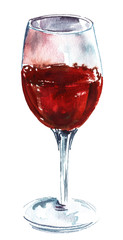 A watercolor drawing of a glass of red wine