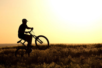 silhouette of a Man riding a bicycle in the field