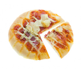 cut bread pizza Hawaiian on white