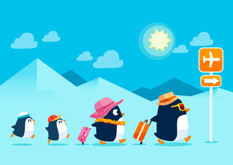penguin family traveling on summer vacation