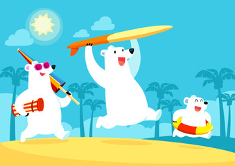 polar bear family on vacation at the beach