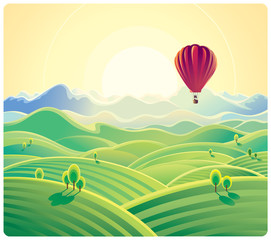 Mountain summer landscape and balloon. Vector illustration.