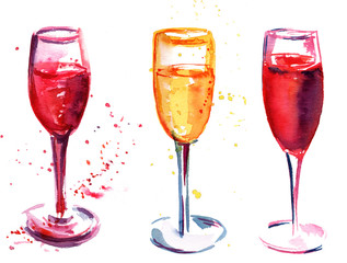 Set of flute glasses with rose and white sparkling wine