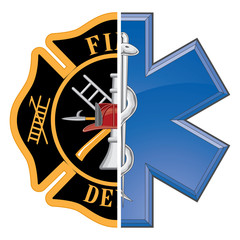 Fototapeta premium Fire and Rescue includes a firefighter symbol and rescue symbol.