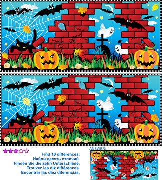 Visual puzzle: Find the ten differences between the two pictures - Halloween night, pumpkin field, ruines, cemetery, ghosts, bats, black cat, spider web. Answer included.
