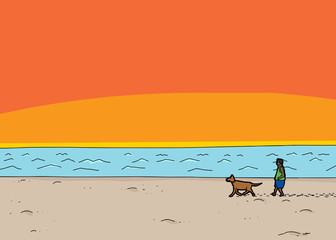 Obraz na płótnie Canvas Walking Dog at Beach Sunset
