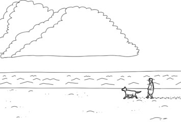 Outline of Man Walking Dog on Beach