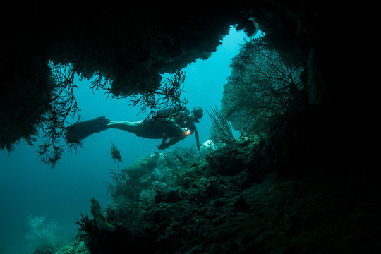 Deep Cave and Scuba Diver