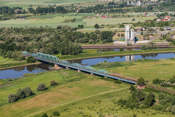 aerial view of the  bridge on Odra river near Scinawa town