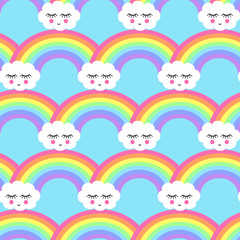 Seamless pattern with smiling sleeping clouds and rainbows for kids holidays, textiles, interior design, book design, websites. Cute baby shower vector background. Child drawing style.