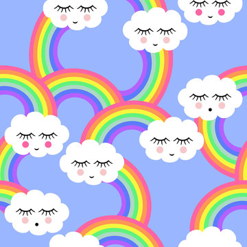 Seamless pattern with smiling sleeping clouds and rainbows for kids holidays. Cute baby shower vector background. Child drawing style.