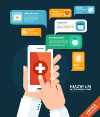 Hand holding a phone with health care app. Vector