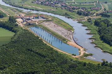 aerial view of the  the  Odra river near Brzeg Dolny town - obrazy, fototapety, plakaty