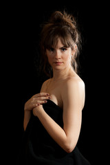 Fototapeta premium Tall Pretty Brunette Woman Model Isolated Black Background 