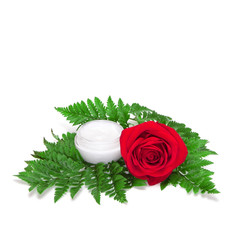 Glass jar of cream on fern leaves with red rose
