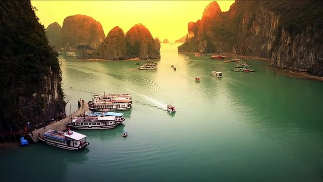Halong Bay Vietnam landscape timelapse panoramic view of boats harbor traffic
