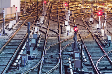 Night view of rail tracks in depot, Kiev