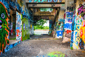 Graffiti under an abandoned pier in Philadelphia, Pennsylvania.