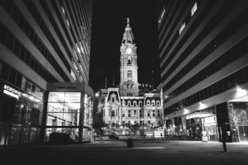 Penn Center and City Hall at night, in Philadelphia, Pennsylvani