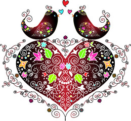 Illustration of two love birds sitting and singing on a ornate heart   with openwork pattern decorated with flowers, leaves, curls, pinstripes and pearls