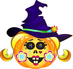 Illustration of smiling Halloween pumpkin with hat, colorful eyes, blond hair, red lips, heart tattoo, tears and cheeks decorated with flowers