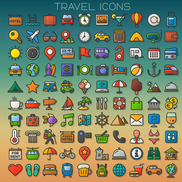 colorful travel line icons set