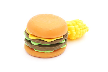 plastic toy hamburger  and french fried on white background