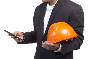 engineer checking emails on the phone on white background