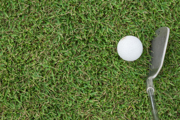 Golf club and ball in grass