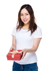 Asian woman showing with giftbox