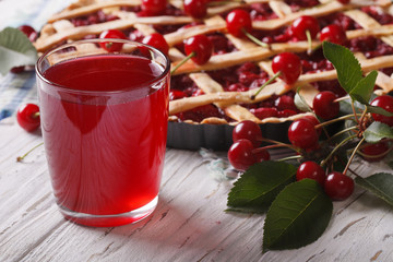 Delicious cherry juice and pie close-up. Horizontal
