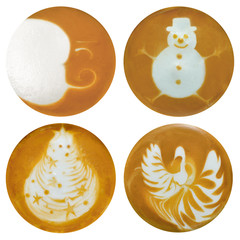 Set of moon , snowman , christmas tree , swan latte art , coffee isolated on white background