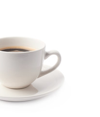 Fresh cup of coffee on a plate, isolated